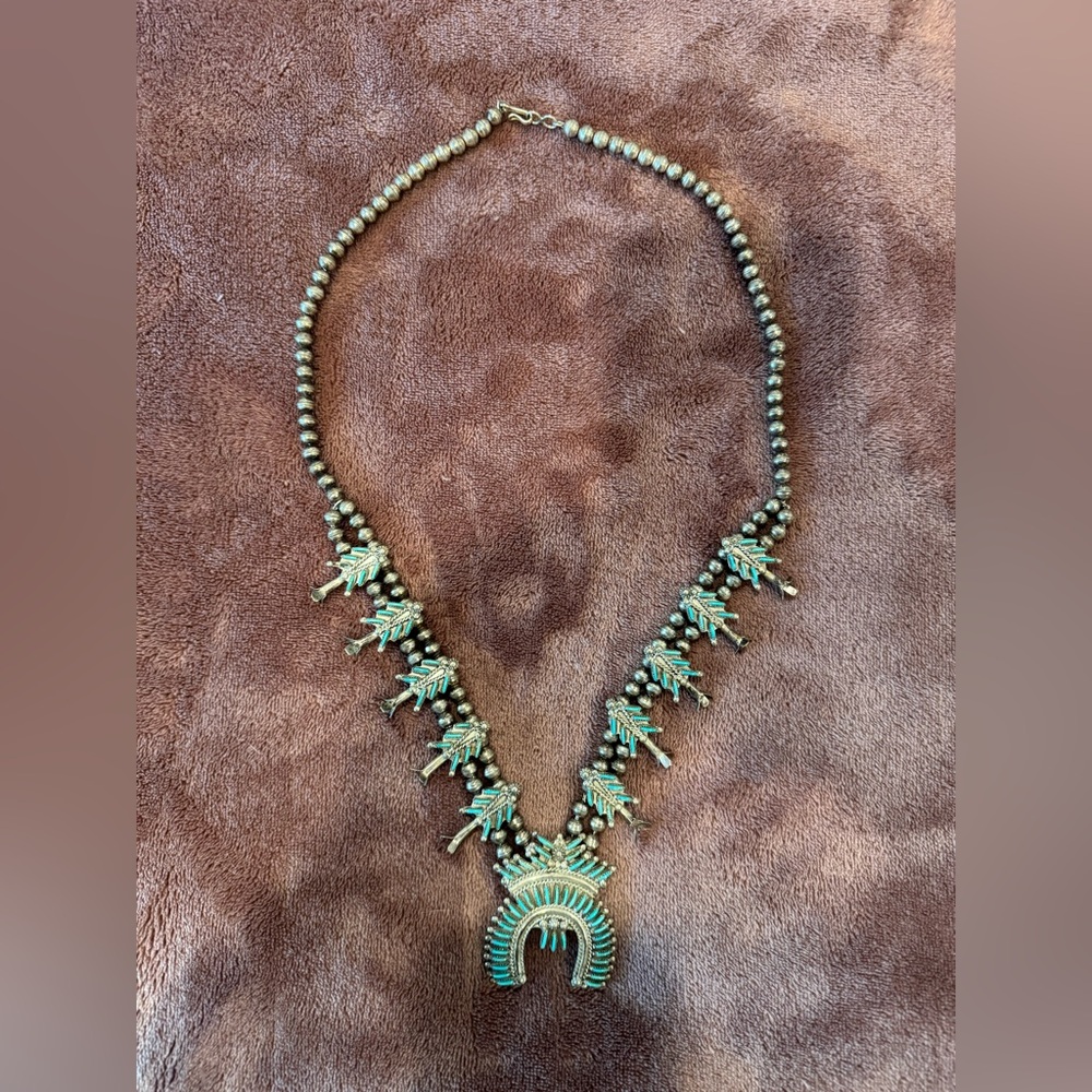 Ray & Eva Wyaco Petit Point Turquoise & Sterling Silver Squash Blossom Necklace